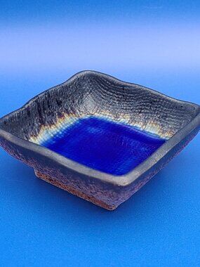 Kotobuki Japan Vintage Square Footed Crackled Trinket Dish BLUE 2.75"